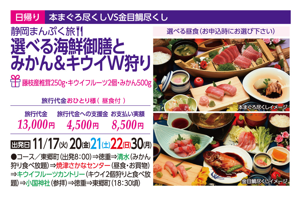 GOTOトラベル事業対象 静岡まんぷく旅!選べる海鮮御膳とみかん&キウイW狩り