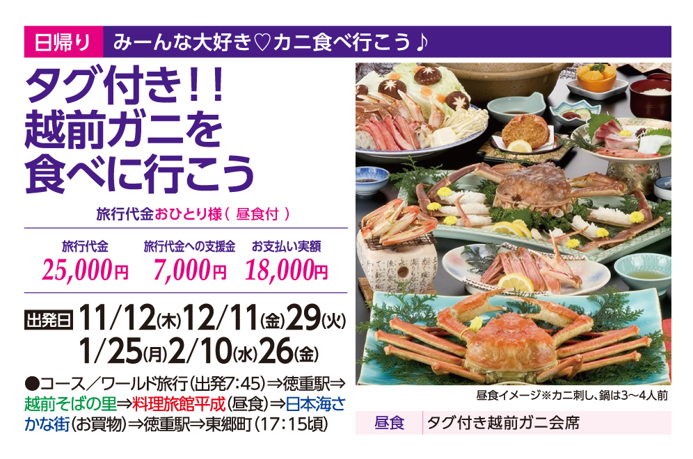 GOTOトラベル事業対象 タグ付き!越前ガニを食べに行こう!