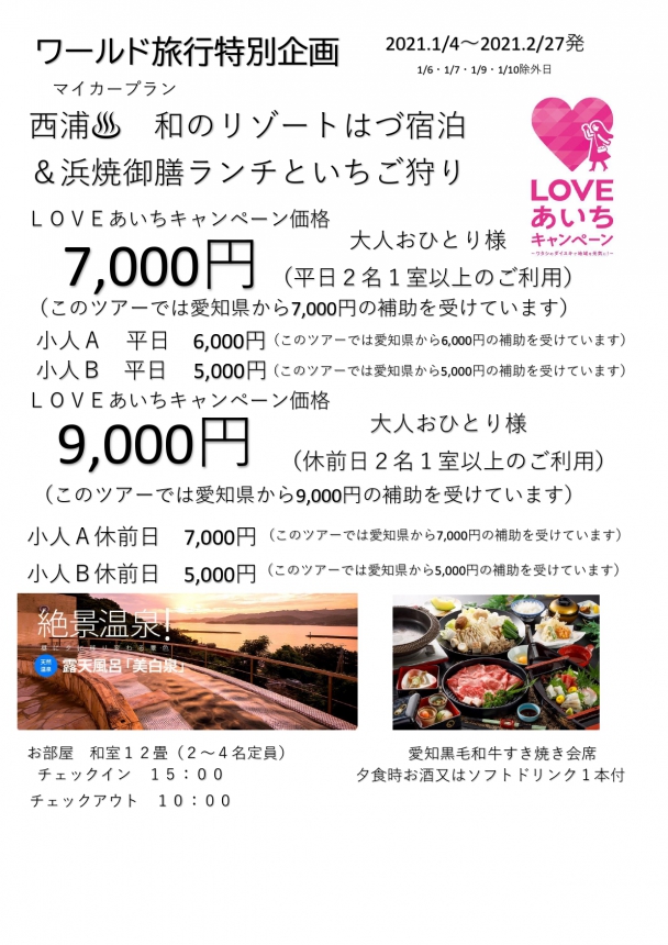 LOVEあいちキャンペーン マイカープラン 和のリゾートはづ宿泊&いちご狩り