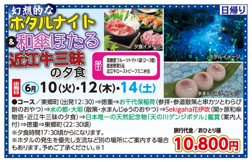 🚌ホタルナイト＆和傘ほたる近江牛三昧の夕食🚌