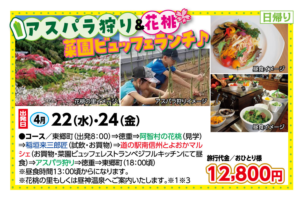 🚌アスパラ狩り＆花桃　菜園ビュッフェランチ🚌